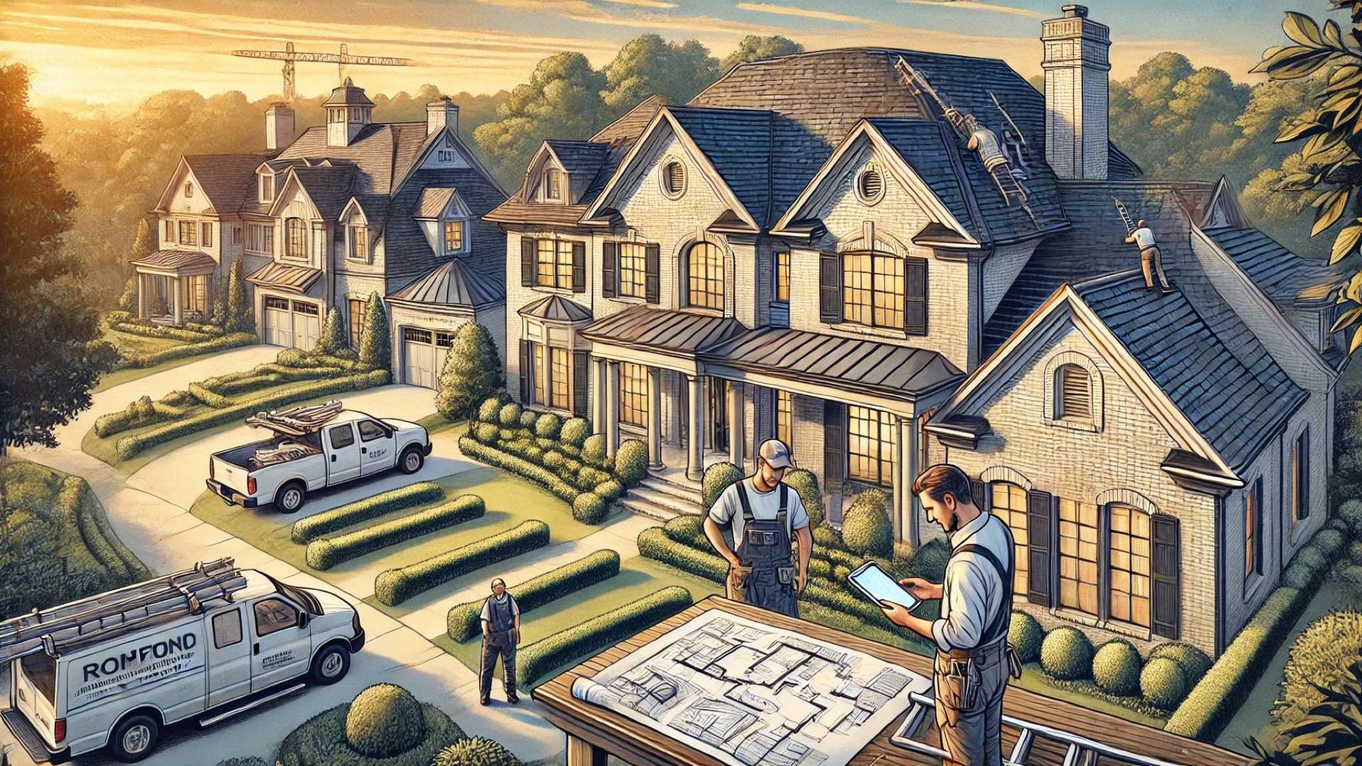 roofing contractor working on an upscale Brentwood, Tennessee home, showcasing craftsmanship, consultation, and elegant neighborhood architecture