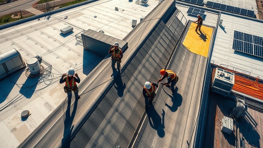 Aerial view of construction workers applying roofing insulation, showcasing innovative construction methods and teamwork.