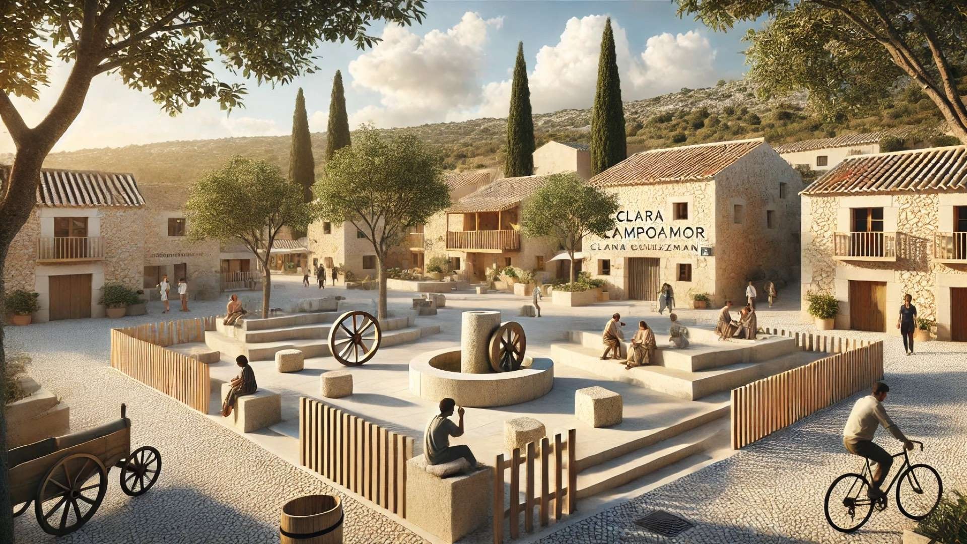 Clara Campoamor Square in San Silvestre de Guzmán, blending traditional Andévalo architecture with modern design elements under warm Mediterranean light