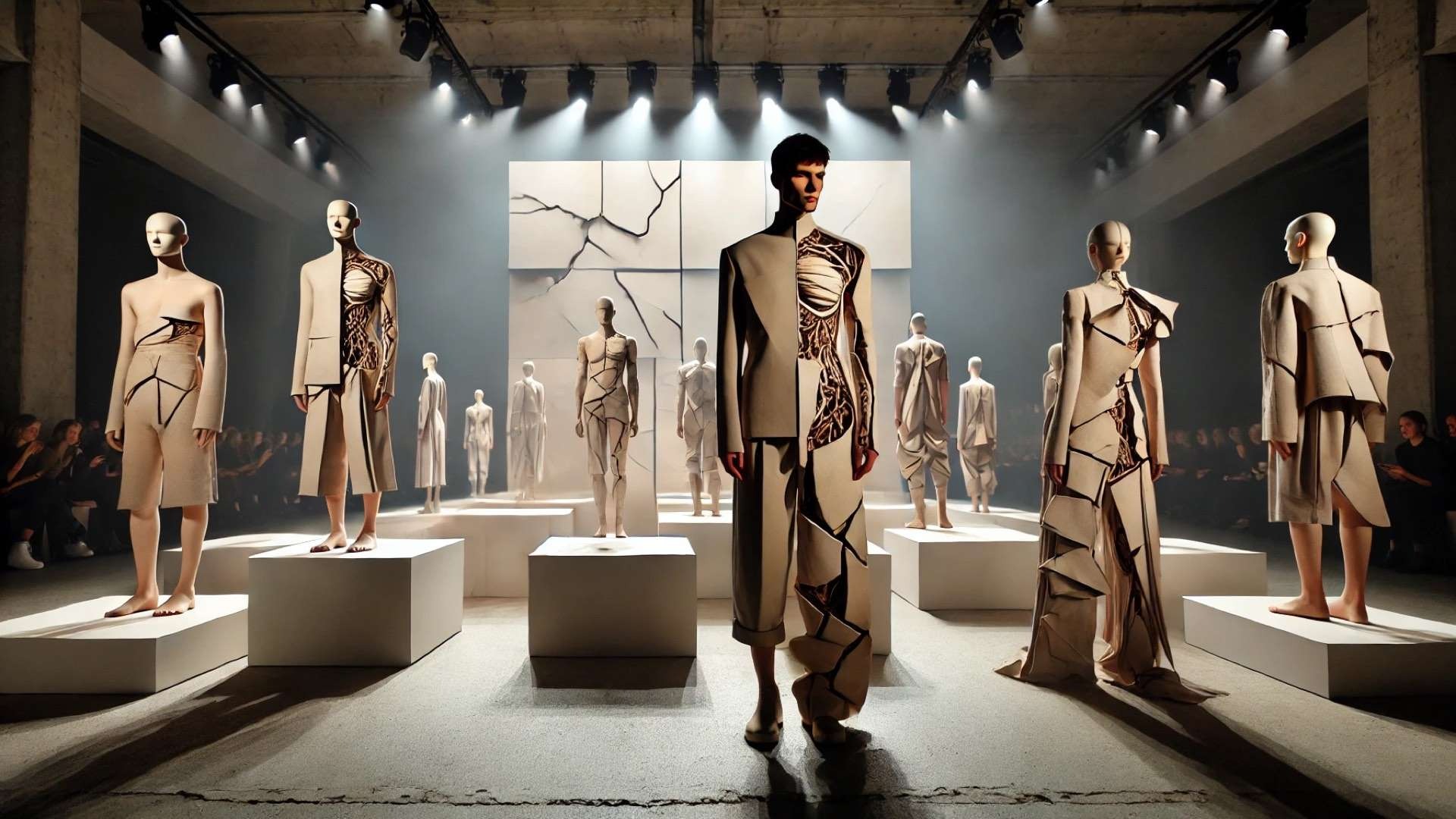 Irina Dzhus’s Absolute collection at Berlin Fashion Week — featuring sculptural, gender-fluid garments and a minimalist cube stage that captures the emotional fusion of resilience, artistry, and transformation