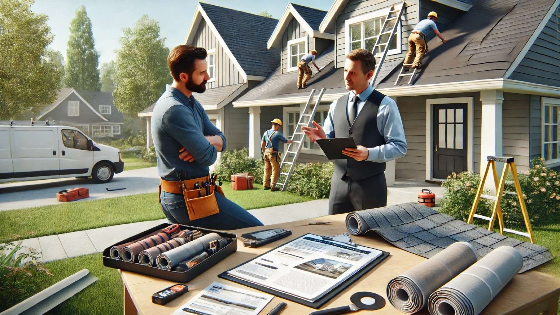 homeowner discussing roofing plans with a contractor outside a modern home, with roofing work visible in progress in the background