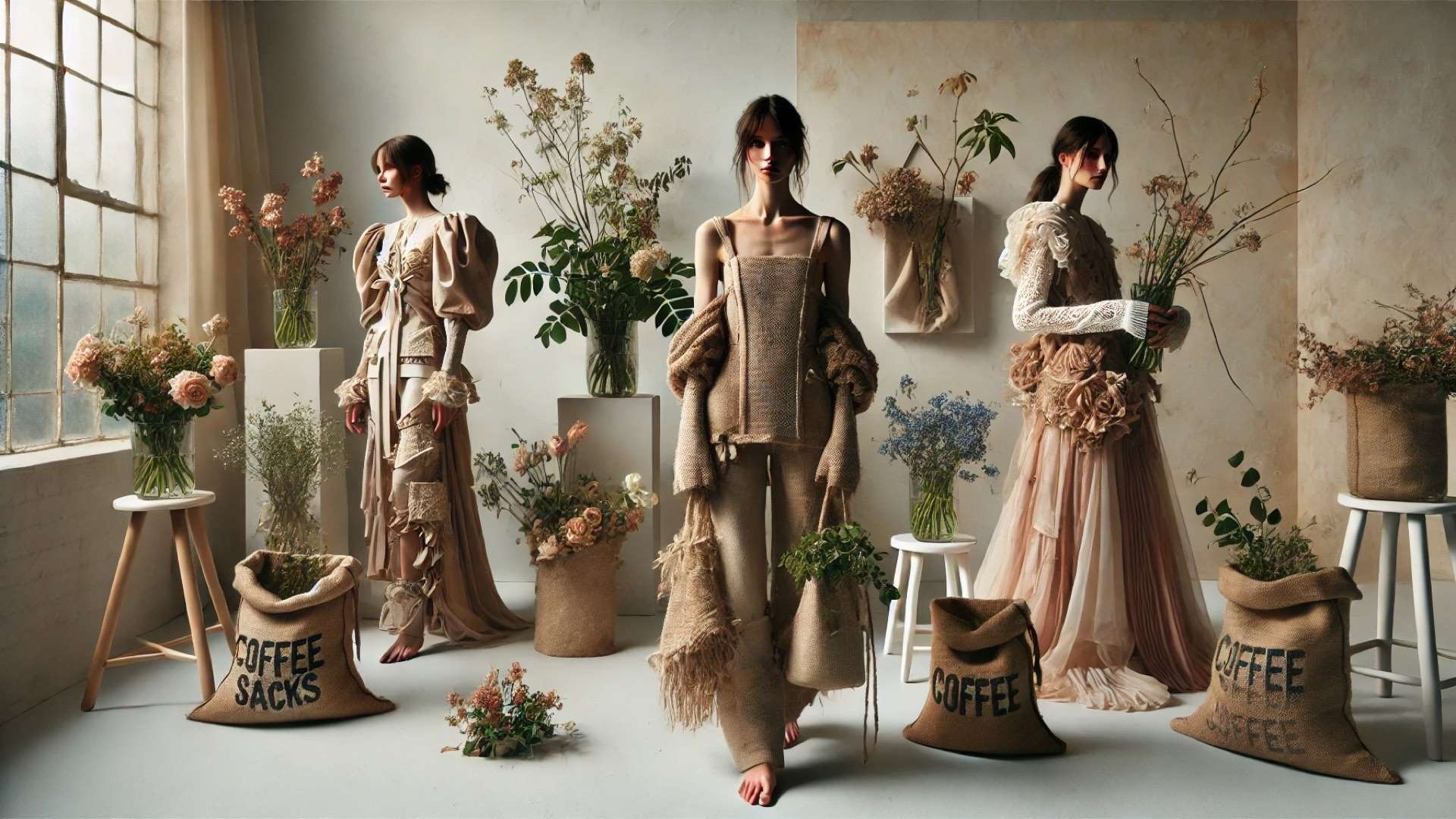 “The Florist” editorial concept, blending eco-conscious fashion with artistic floral arrangements and refined modern design