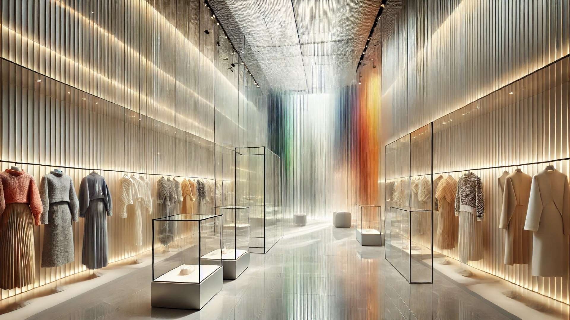 Pleats Please Issey Miyake store interior in Tokyo, capturing Tokujin Yoshioka’s ethereal, minimalist design and interplay of color, reflection, and texture
