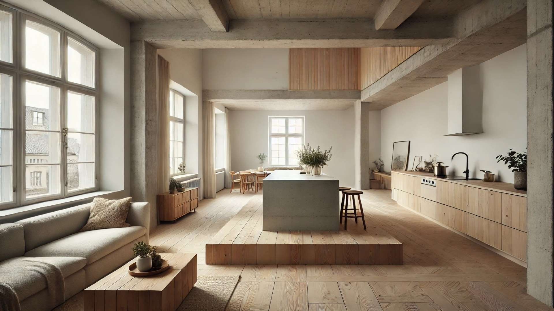 serene, minimalist Oslo apartment renovation by Studio Et al, highlighting its exposed natural materials, Douglas fir platforms, and soft Scandinavian lighting