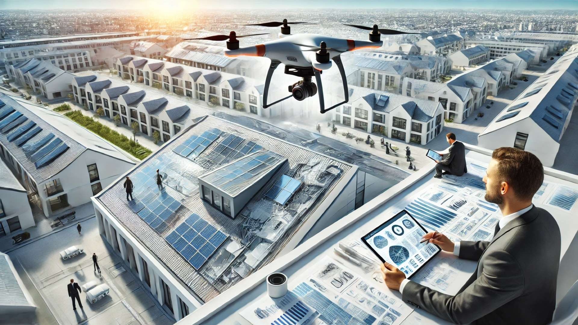 drone conducting a detailed roof inspection over a large modern building complex, emphasizing precision, technology, and safety in professional property assessment