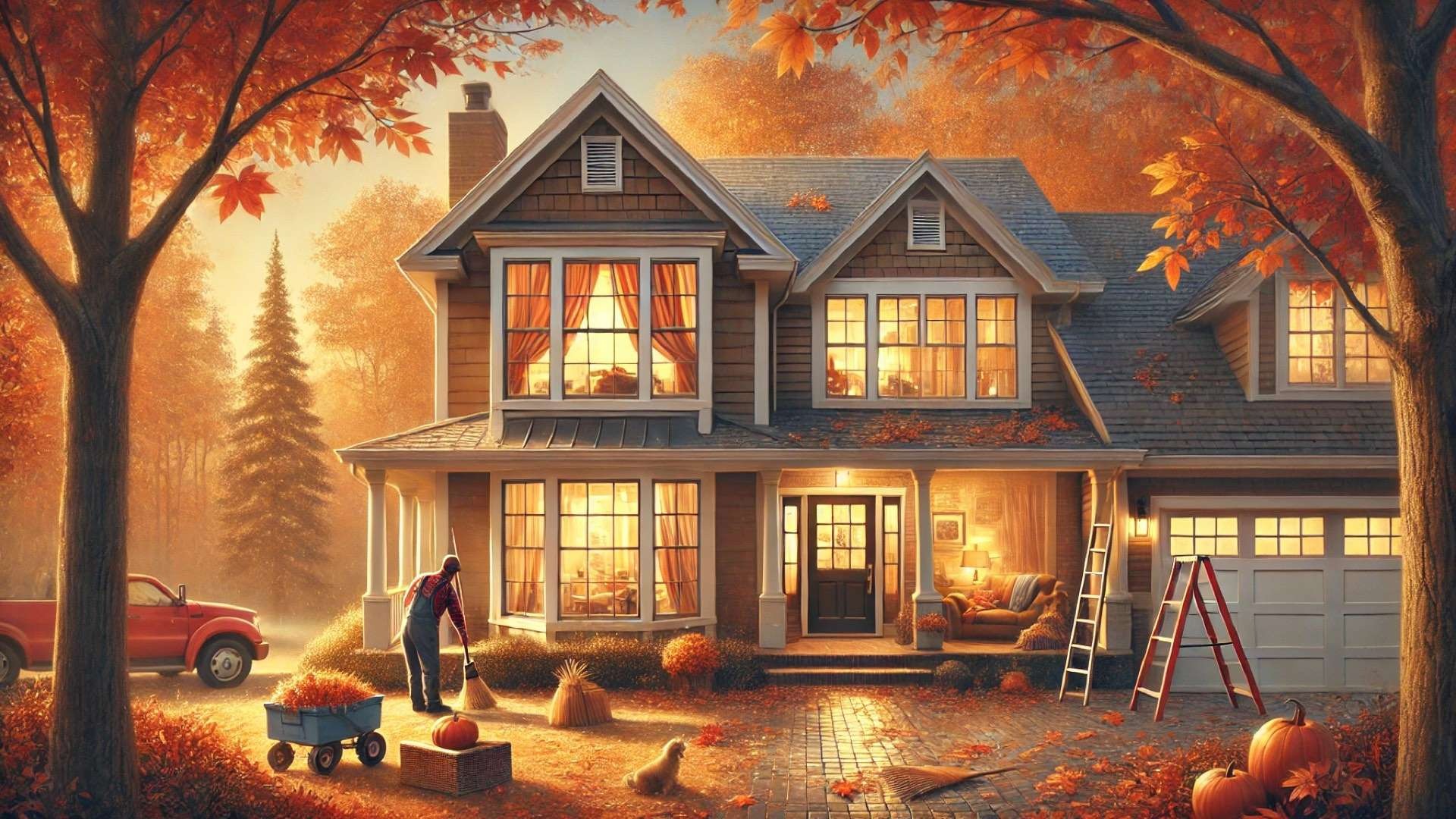 cozy suburban home surrounded by warm fall foliage, with a homeowner performing seasonal maintenance tasks in preparation for winter