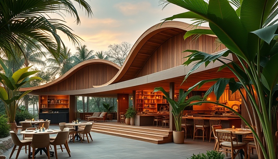 Elegant bamboo restaurant design with tropical setting at sunset.