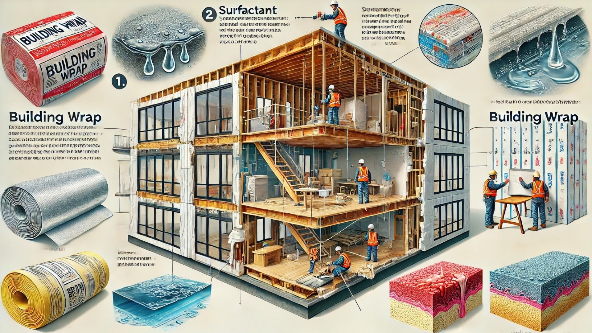showcasing the role of building wraps in protecting structures from moisture intrusion and the effects of surfactants