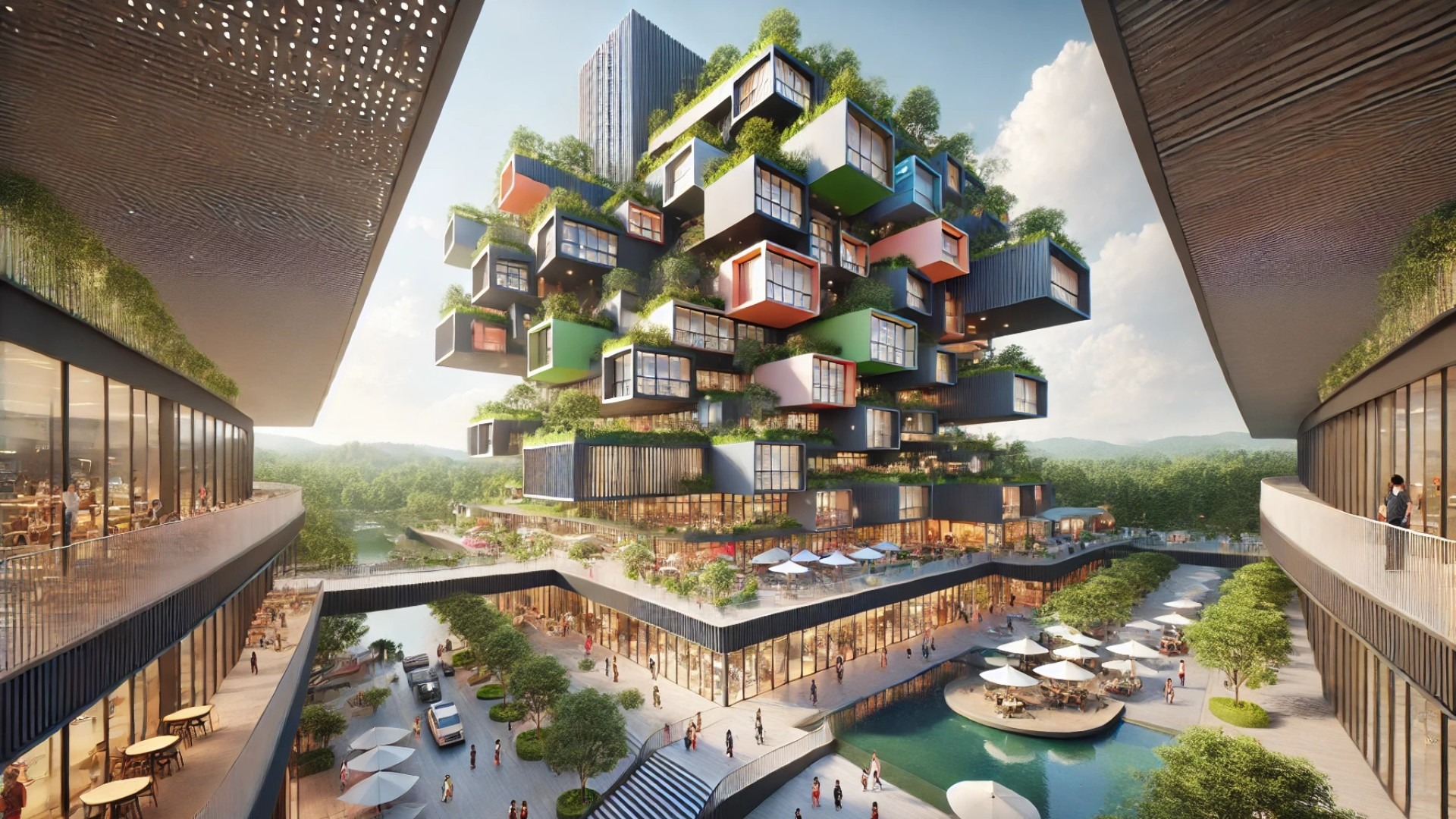 showcasing the LuLa Light Mall in Chengdu, China, highlighting its vibrant, open-air architecture and seamless integration with nature