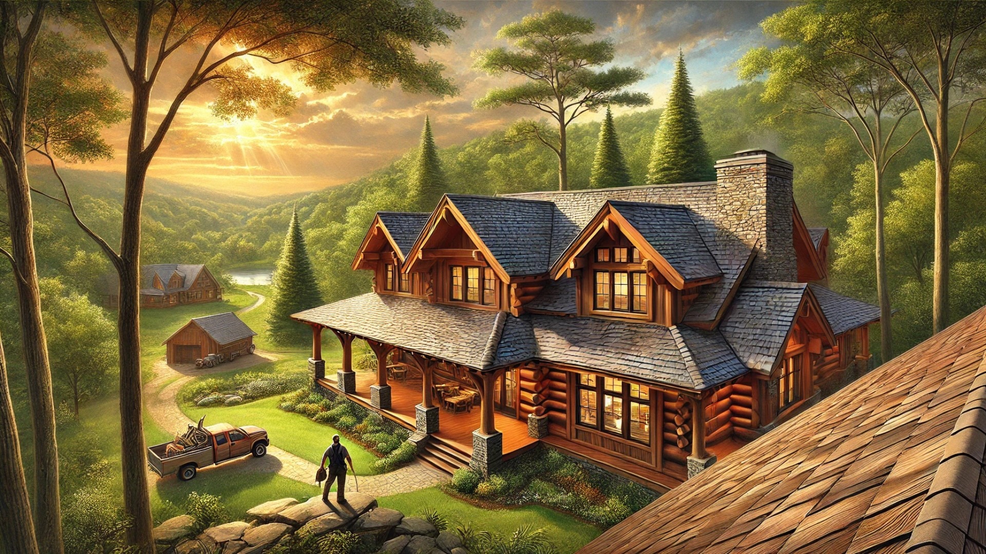 showcasing the custom log cabin in central Indiana with its new DaVinci Single-Width Shake roof