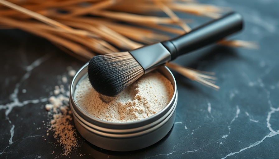 Close-up of DIY highlighter powder and brush on marble.