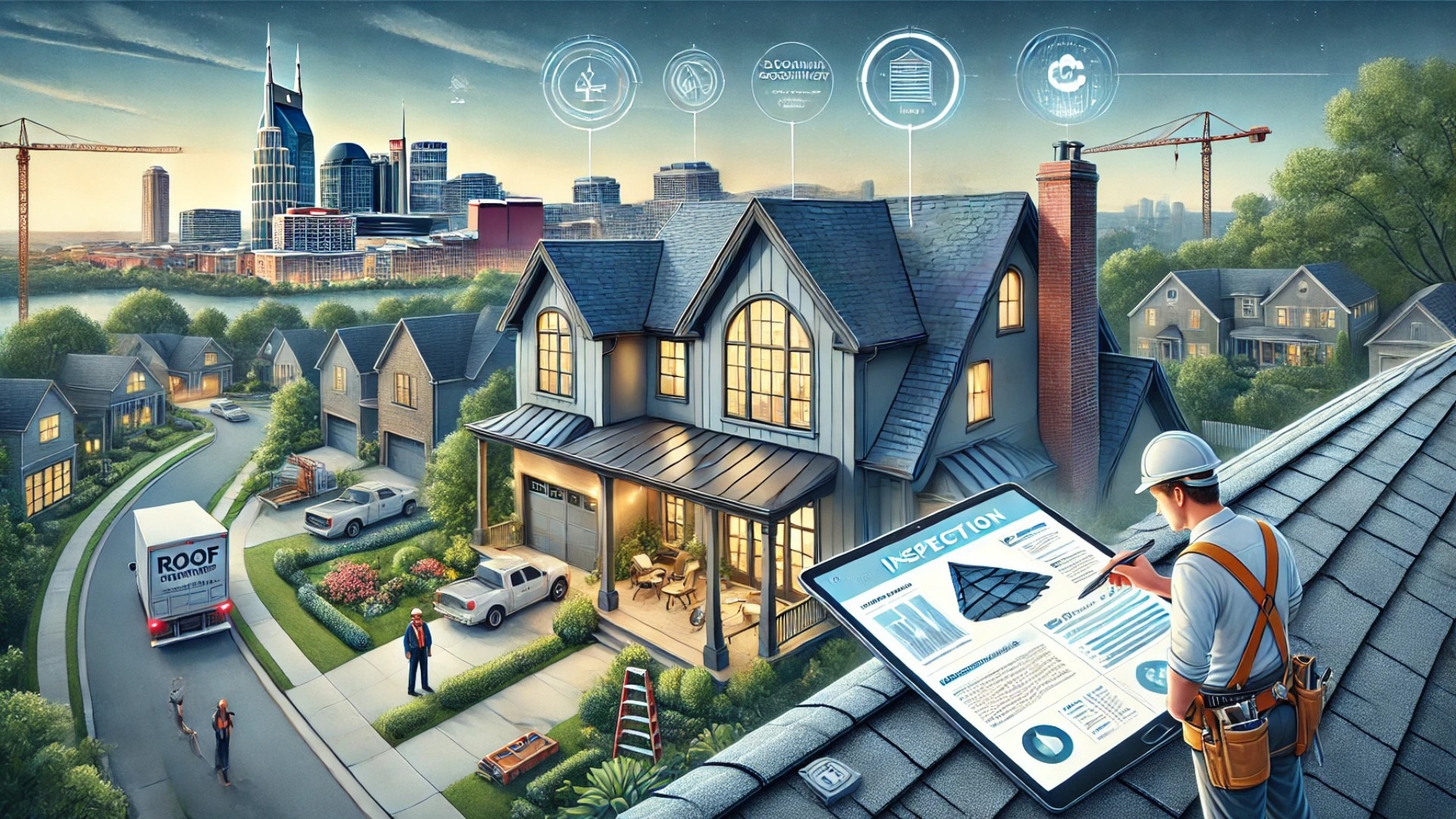 showcasing a roof inspection in an upscale Nashville neighborhood