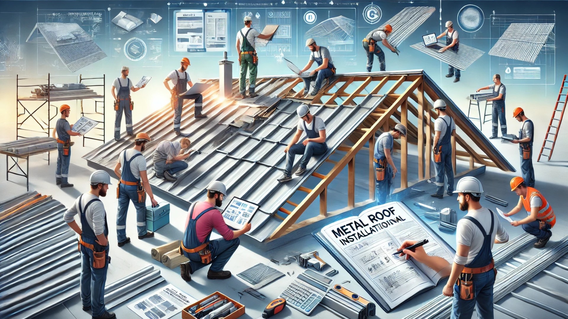 roofing professionals engaged in hands-on training and metal roof installation