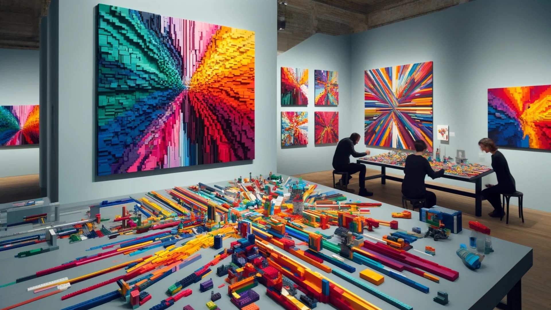 vibrant abstract LEGO artwork, highlighting the fusion of childhood nostalgia, sensory engagement, and contemporary abstract expressionism