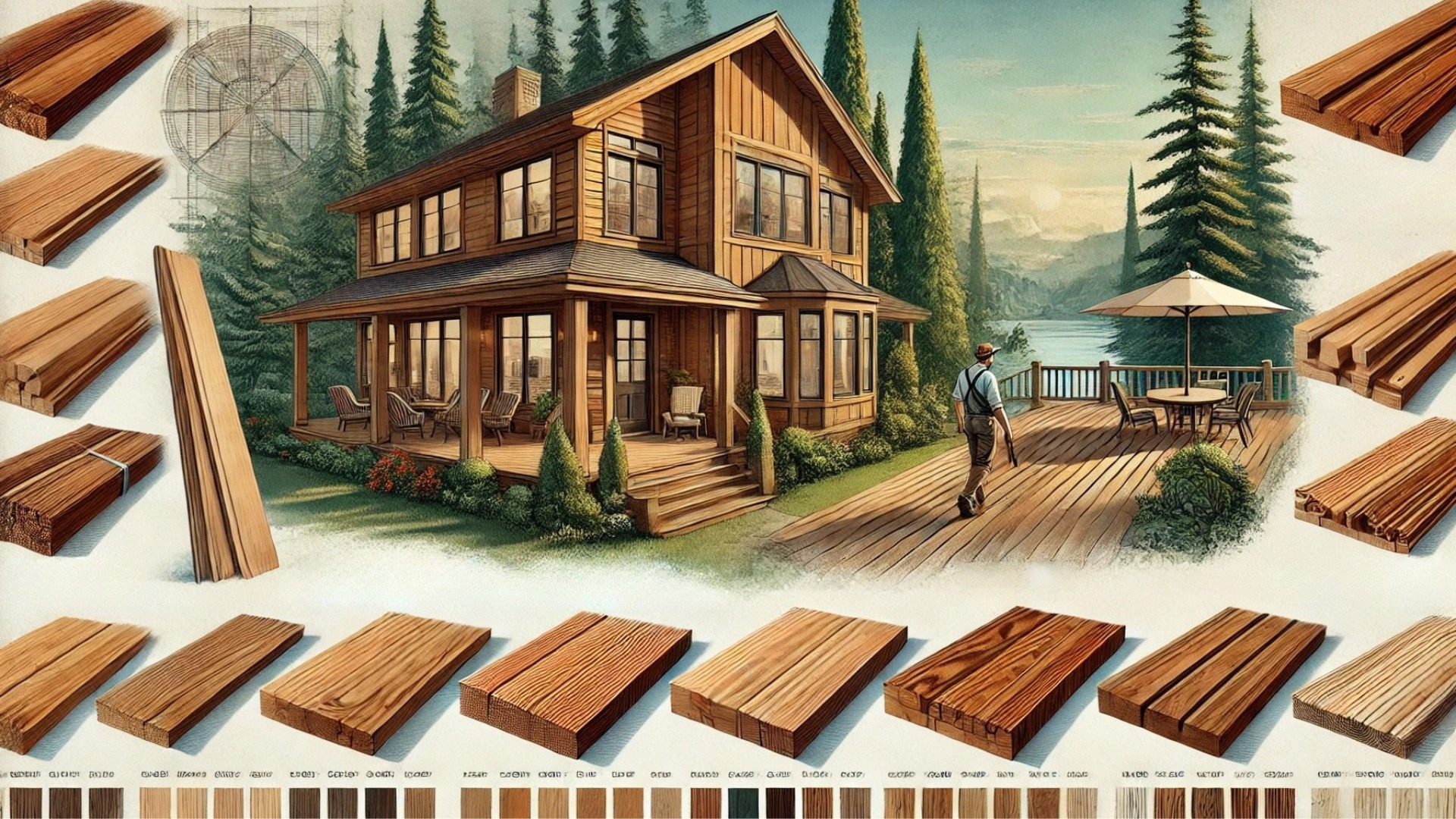 comparing Canadian Western Red Cedar and Domestic Western Red Cedar, showcasing their differences in grain, texture, durability, and aesthetic appeal in an elegant outdoor setting