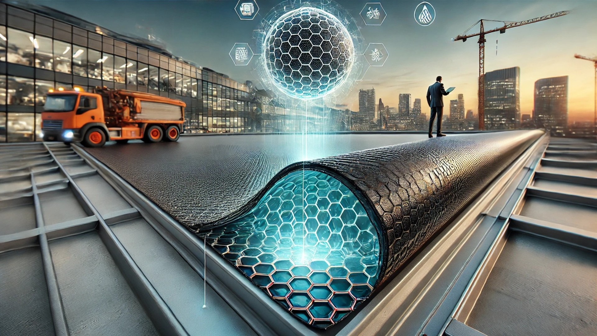showcasing graphene-enhanced modified bitumen roofing, emphasizing its strength, durability, thermal efficiency, and resistance to environmental stressors
