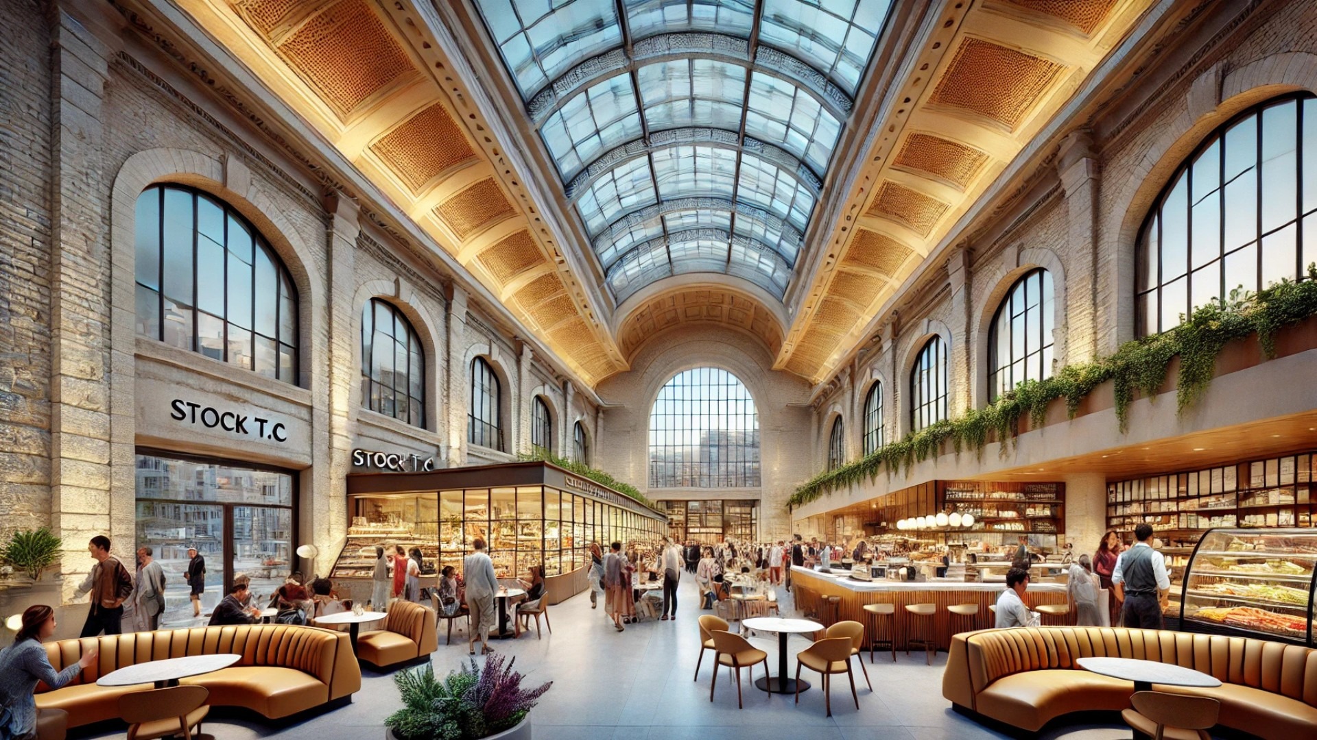 capturing the essence of STOCK T.C Culinary Emporium in Toronto, seamlessly blending historic architecture with a vibrant modern culinary experience