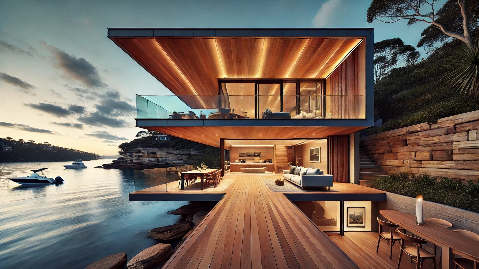 Modern house with floating roof design and lush surroundings.