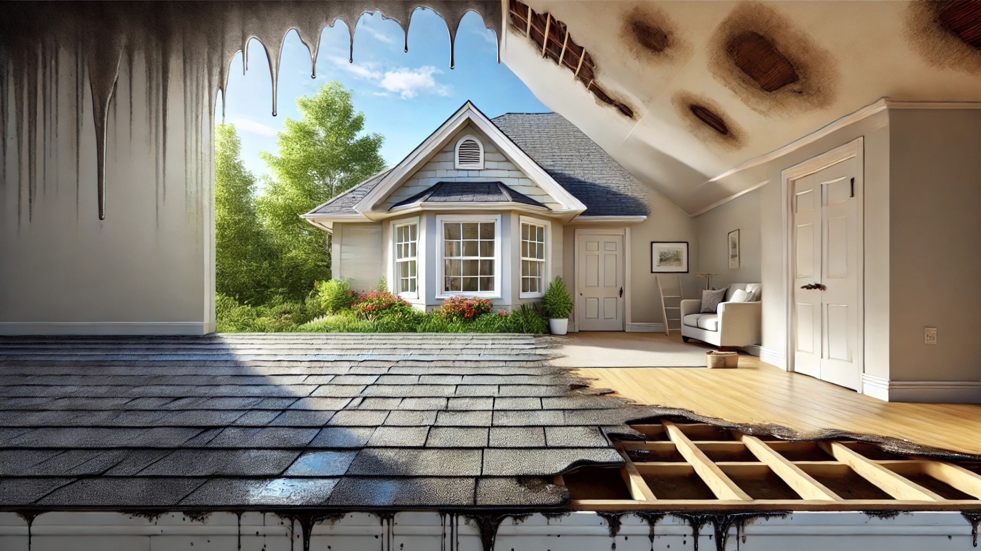 depicting a well-maintained residential roof with subtle signs of potential issues indoors
