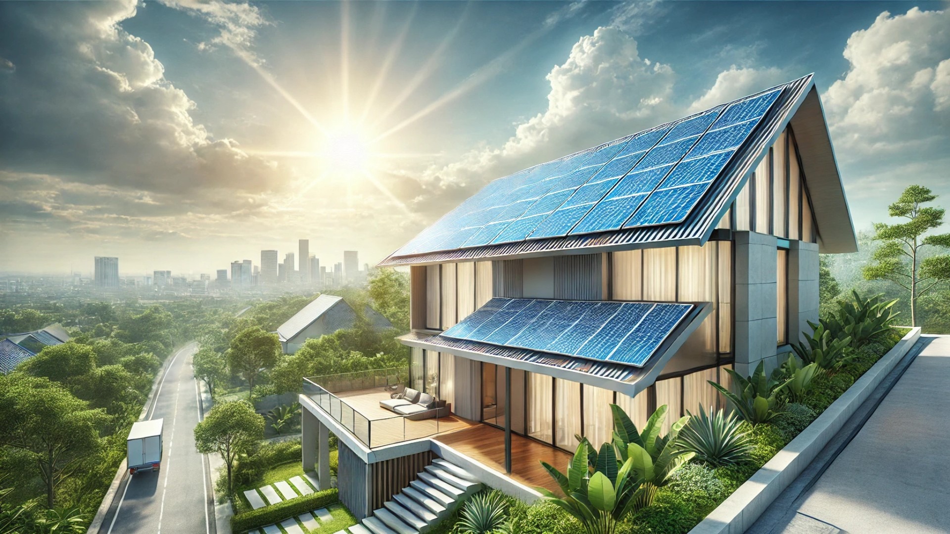 showcasing a modern home with solar panels, capturing an eco-friendly and sustainable aesthetic