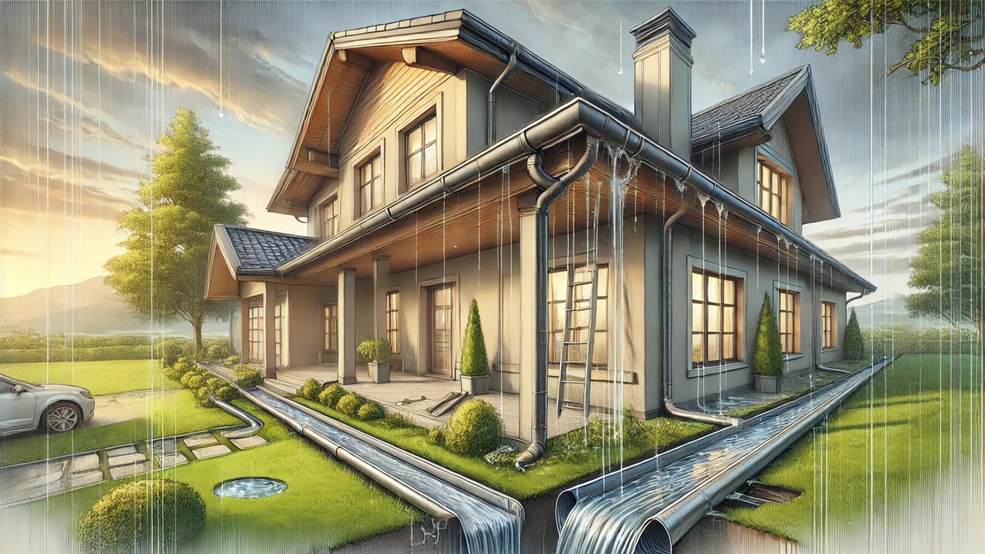 modern home with a focus on its gutter system, showcasing proper rainwater flow and highlighting common issues like sagging gutters, misaligned downspouts, and water pooling near the foundation
