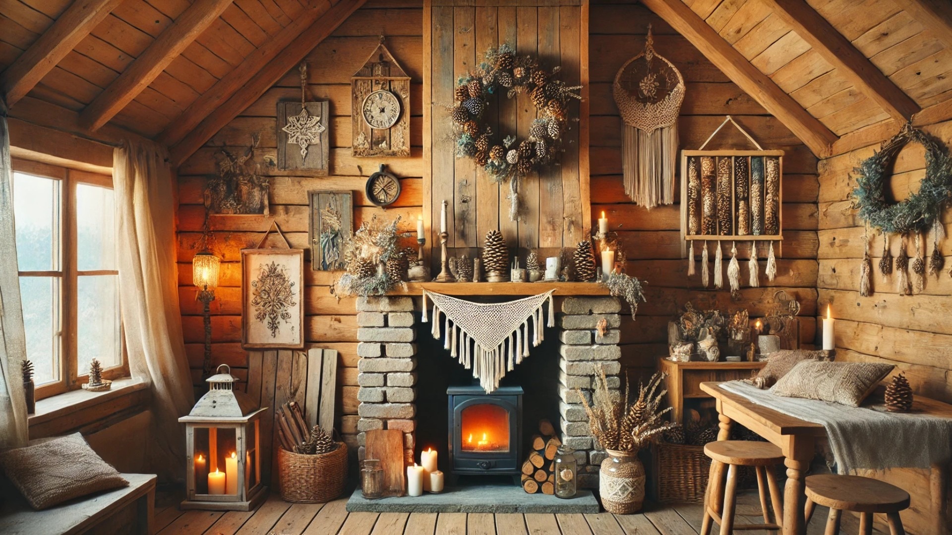 depicting a cozy cottage interior filled with warm wooden textures, rustic handcrafted decorations, and charming DIY elements