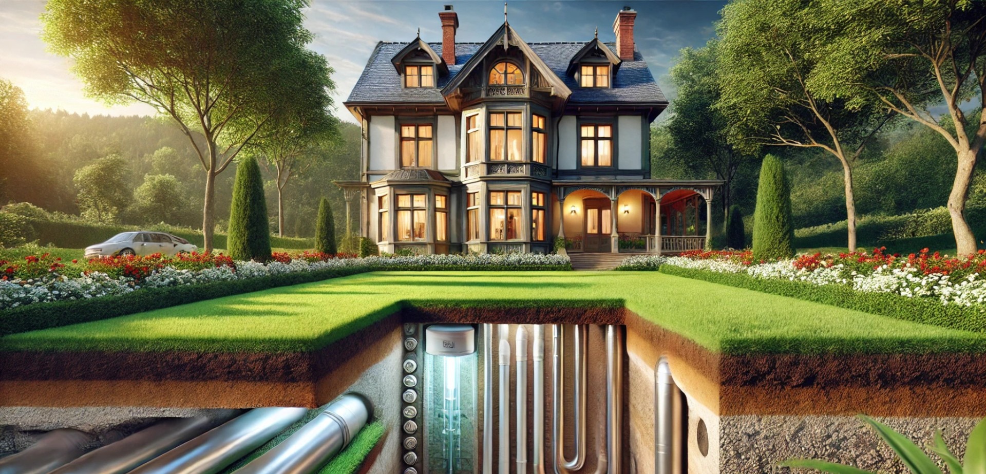 showcasing a beautifully designed historic home with a modern geothermal heat pump system subtly integrated into the landscape