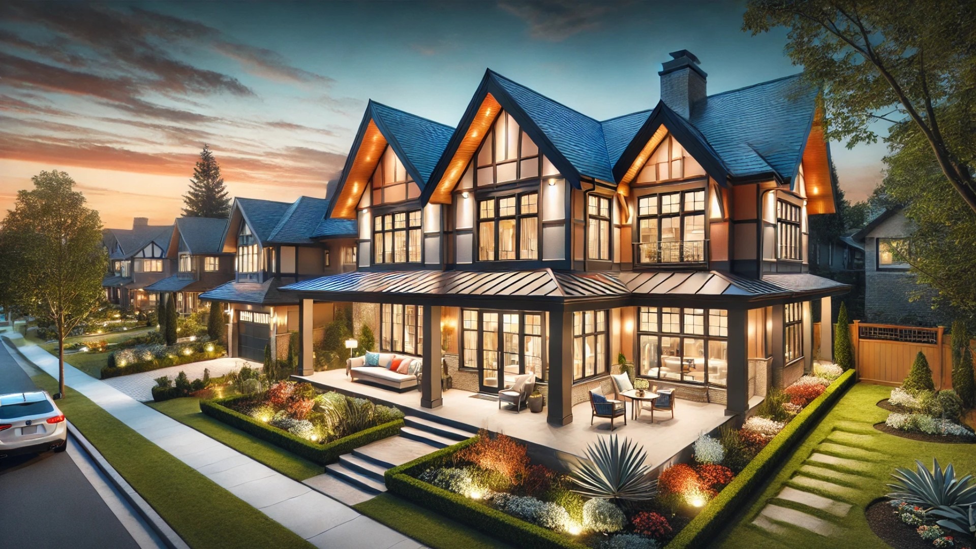 luxurious, well-maintained home in an upscale neighborhood, featuring high-end renovations such as a sleek metal roof, large energy-efficient windows, elegant fiber cement siding, and a stylish outdoor living space