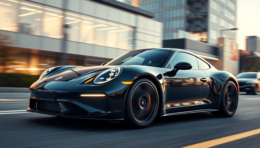 Electric-powered Porsche 911 in urban setting at dusk.