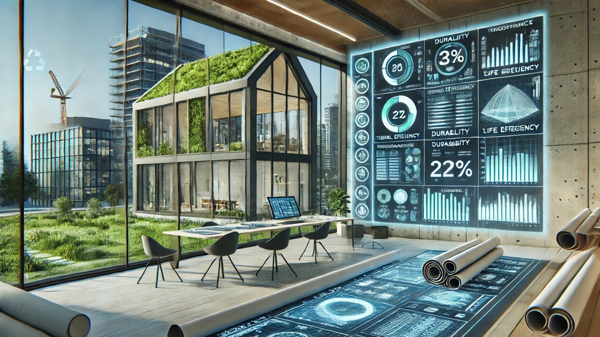 depicting a futuristic and sustainable construction design studio, highlighting Armstrong's Material Optimization Analysis approach in a high-tech, eco-conscious setting