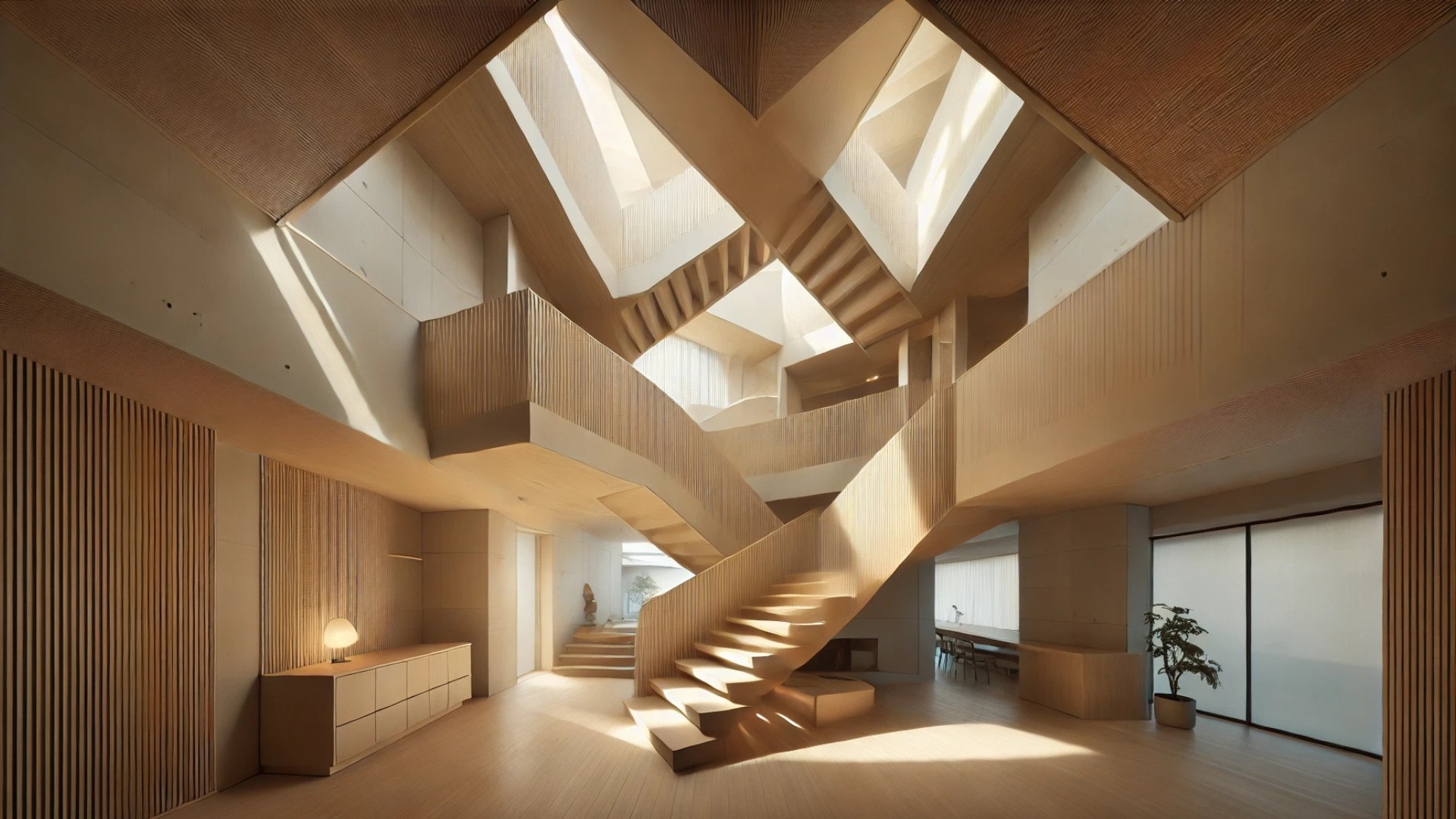 Reimagining of an interior view of the Twist House, showing the softly illuminated stairway, triangular voids, and natural wood finishes—all designed to reflect HAGISO’s elegant architectural vision