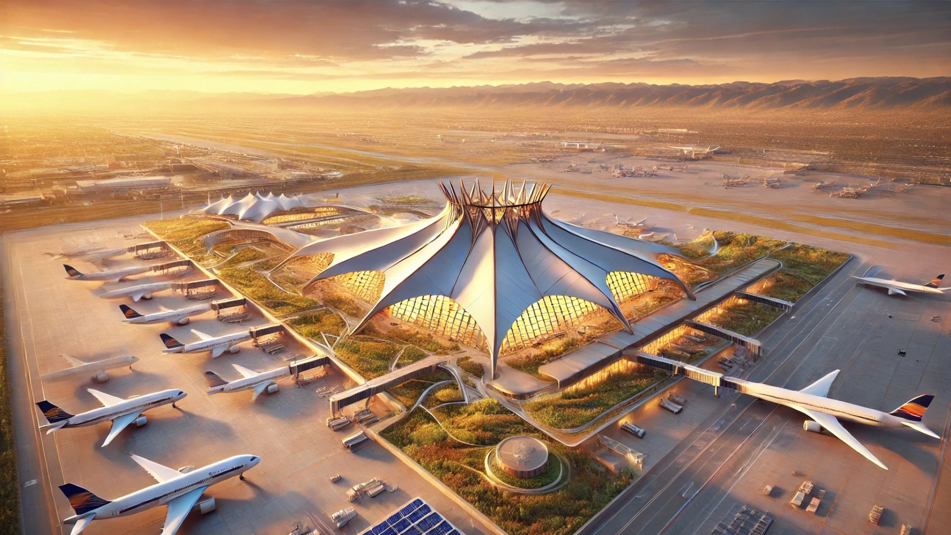Denver International Airport, showcasing its iconic architectural features and sustainable design elements in a vibrant sunset setting