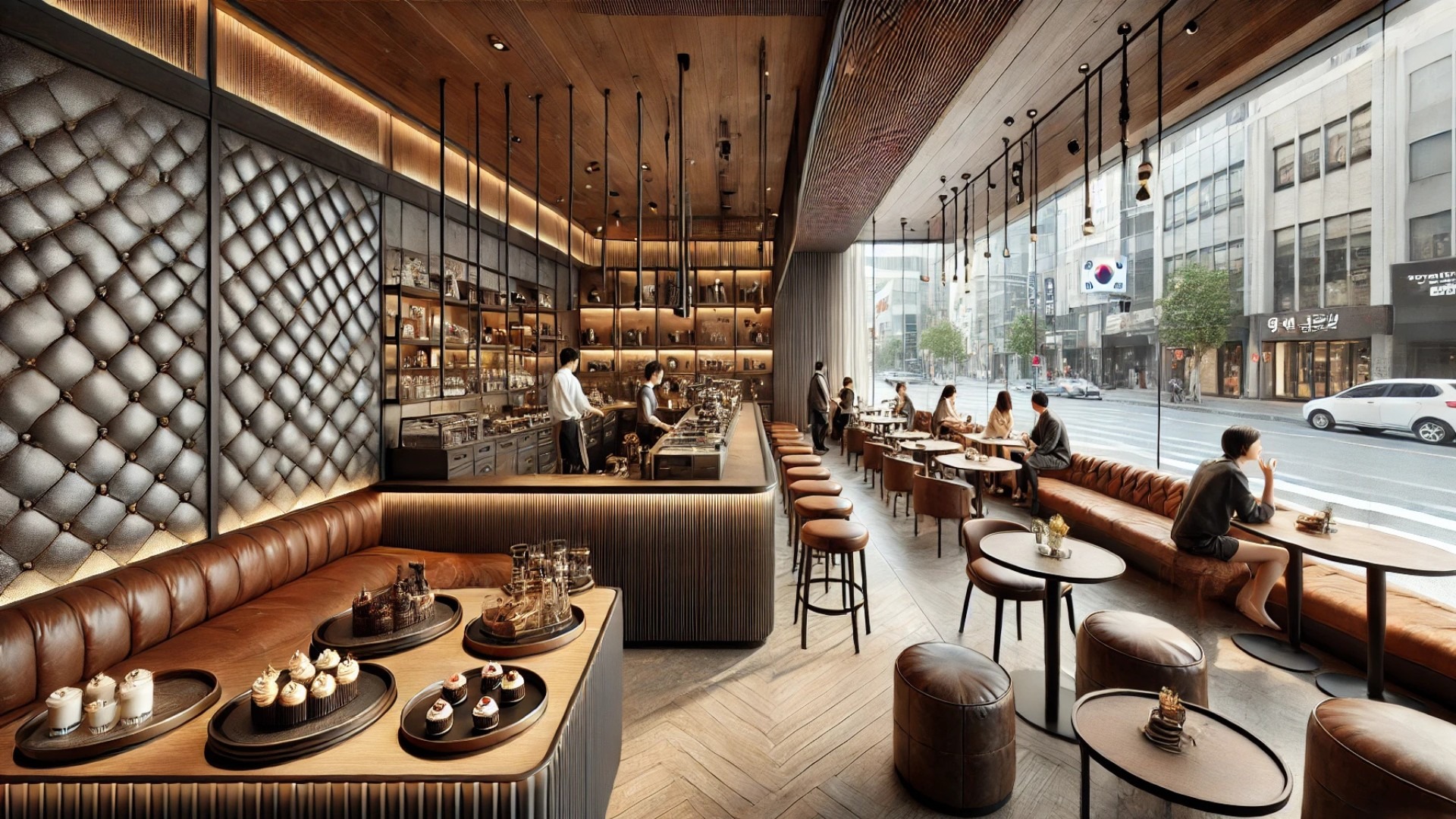 illustration of the Gach Coffee Shop interior in Seoul, designed to reflect a blend of leather-inspired design, contemporary architecture, and cultural ambiance