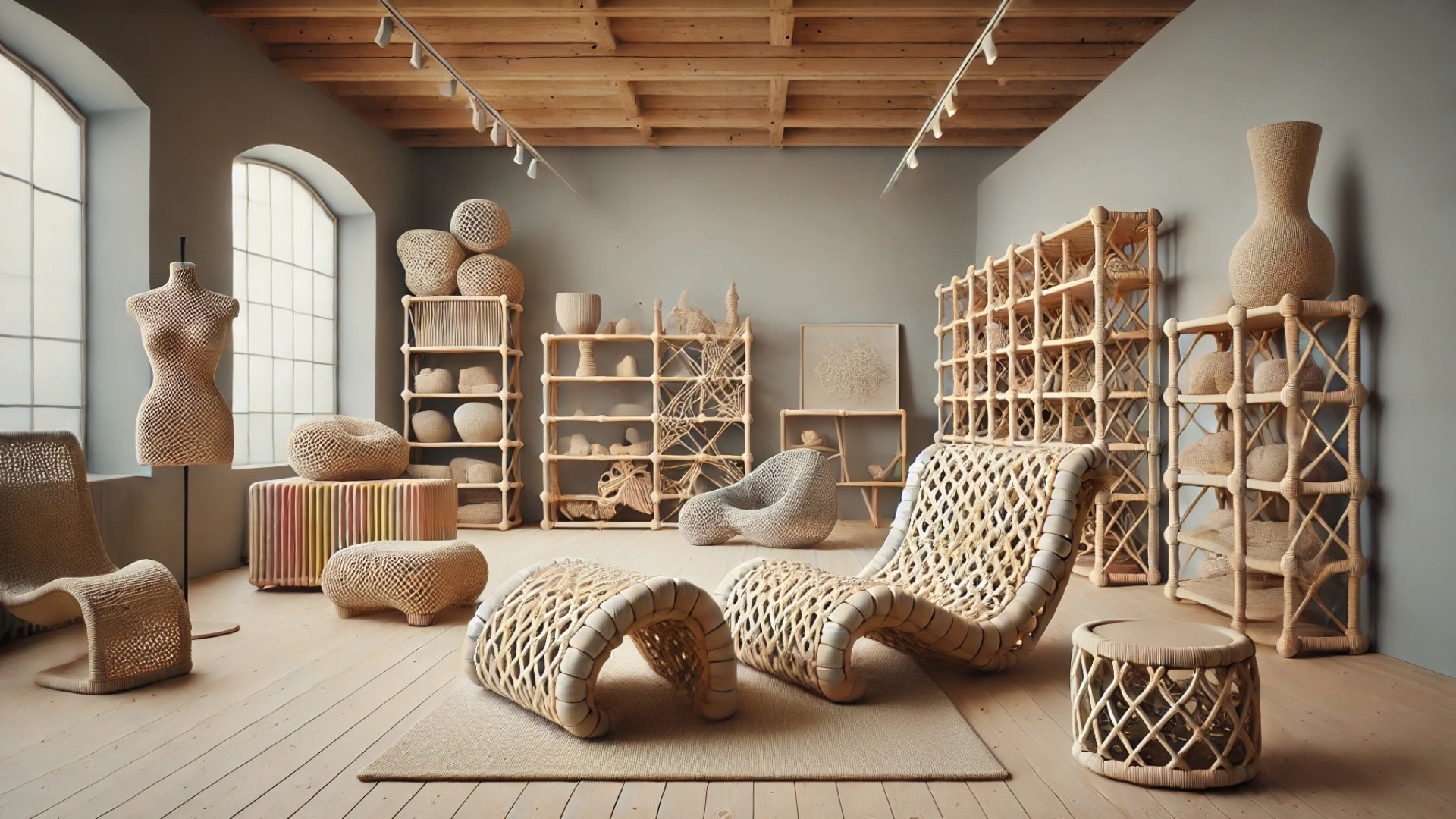 modern, sustainable furniture showroom featuring sculptural, self-supporting pieces made entirely from reclaimed climbing rope