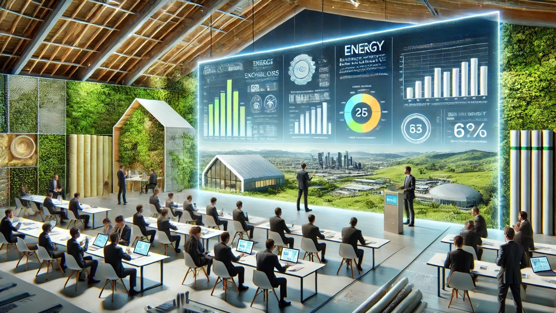 futuristic conference scene focused on roofing and air barrier innovations, reflecting the themes of energy efficiency, sustainability, and professional collaboration
