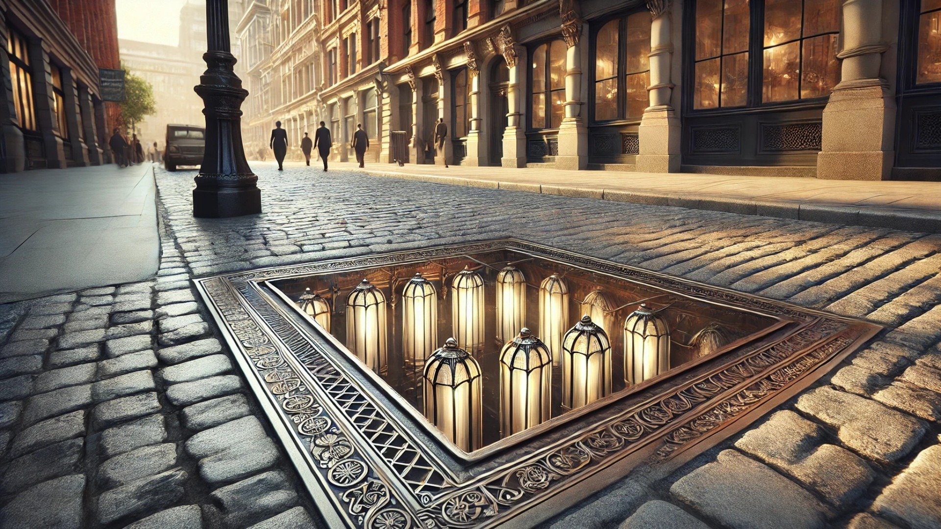 historical urban street scene featuring vintage vault lights glowing beneath pedestrians' feet—capturing the ambiance of the past intertwined with subtle modern admiration