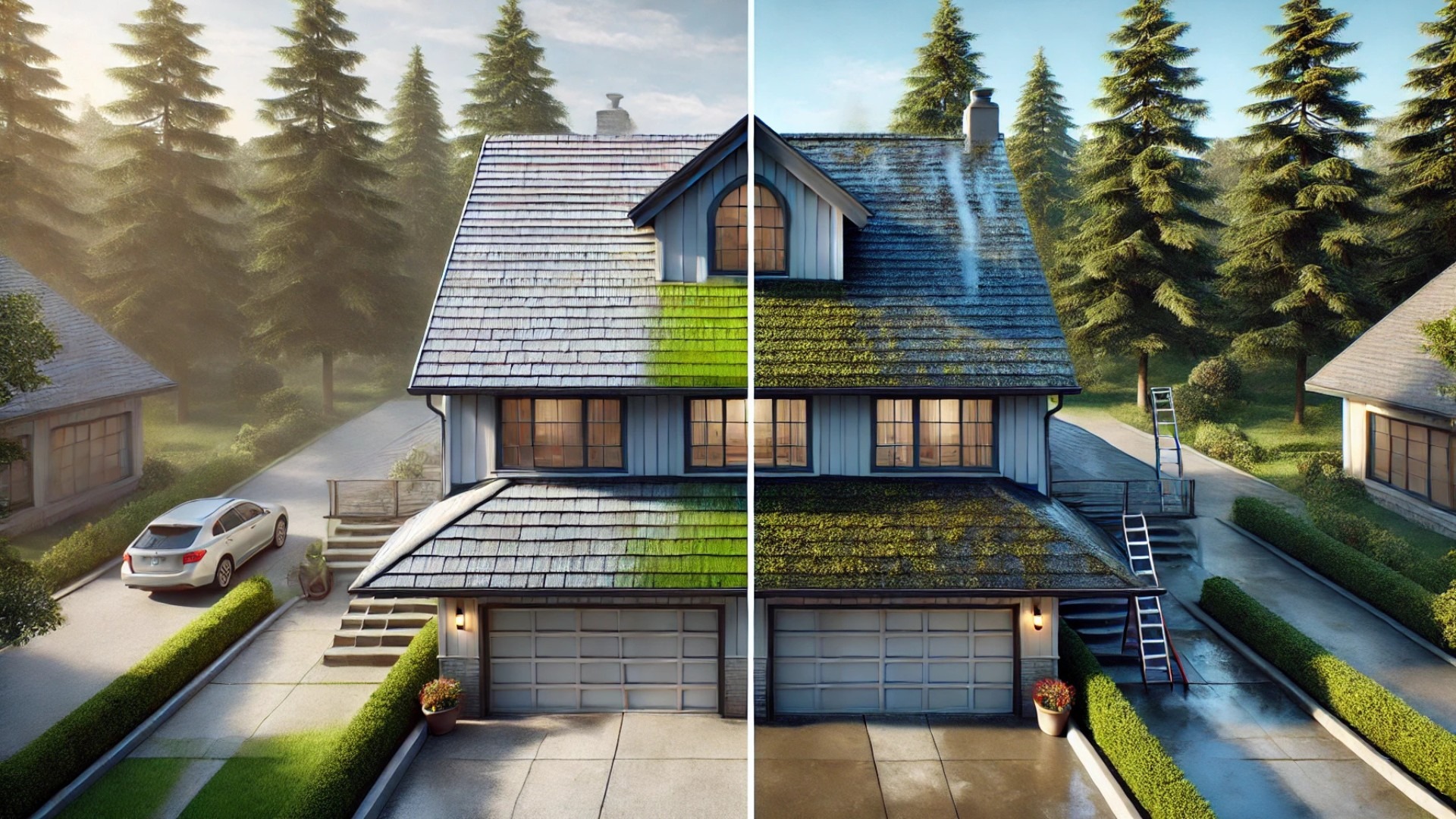 residential roof showing both algae-affected and well-maintained sections, capturing the contrast between neglected and proactive roof care