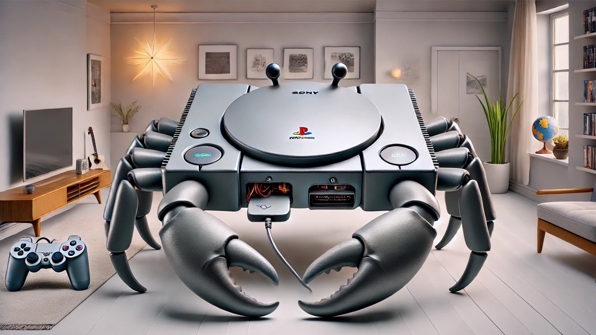 whimsical crab-shaped gaming console inspired by the PlayStation 1