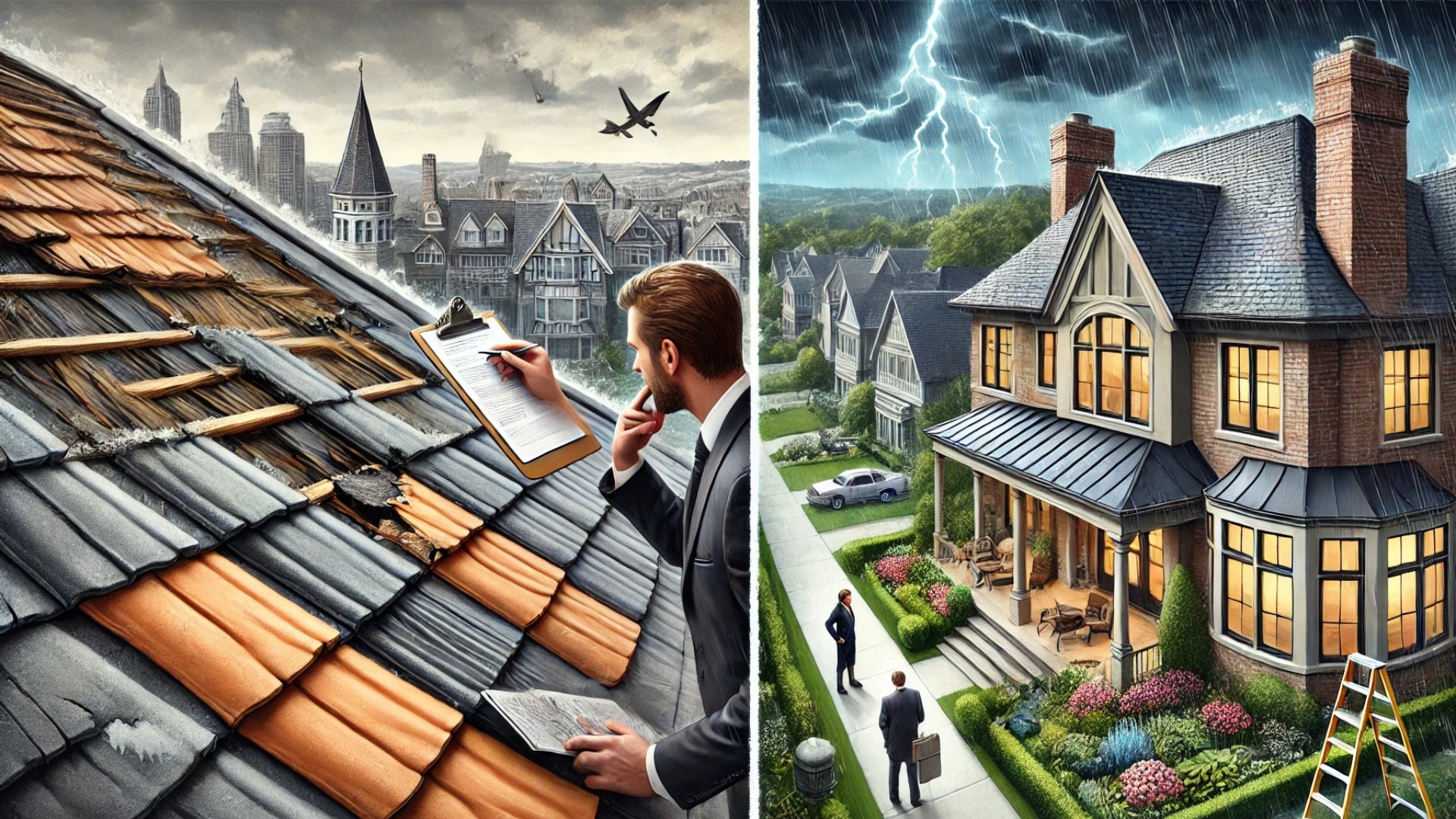 the two sides of the roofing decision: an insurance inspection under stormy skies and a homeowner envisioning a refined upgrade in a historic neighborhood