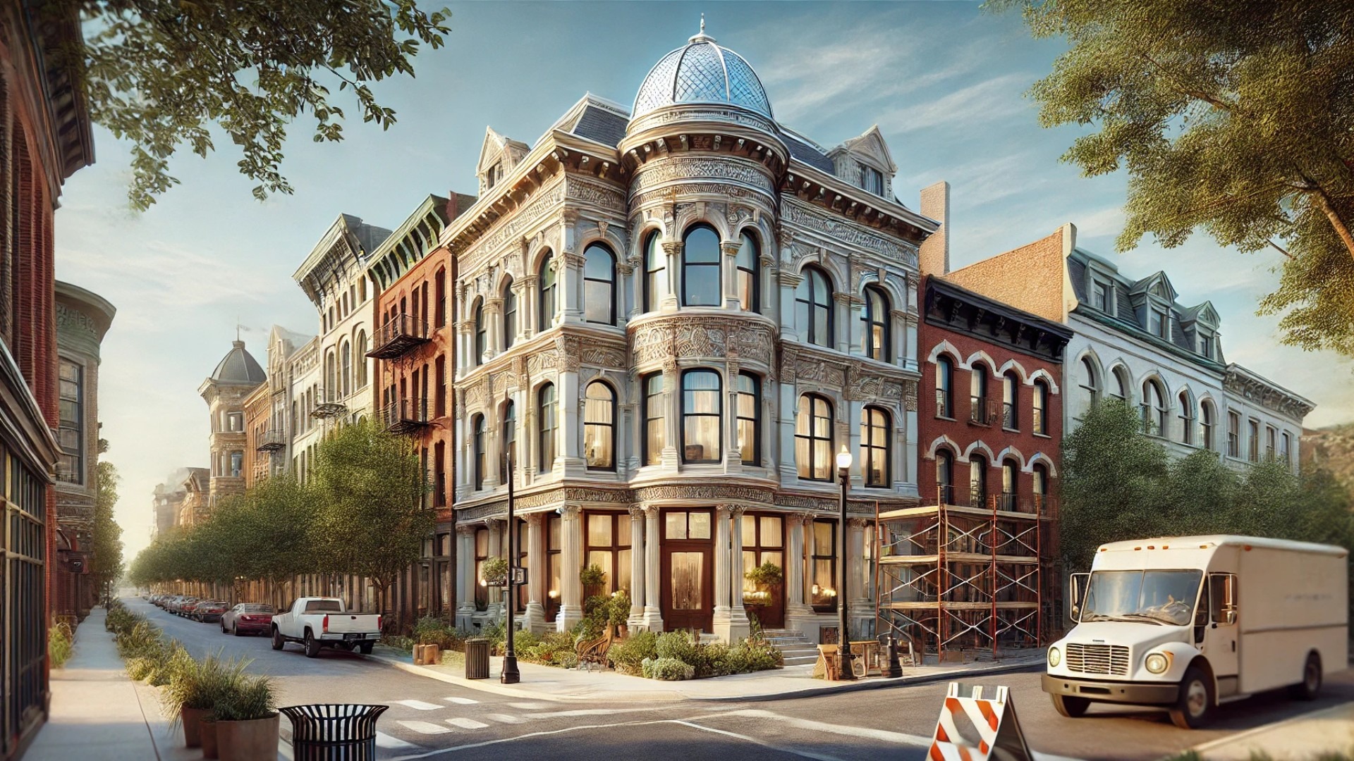 illustration inspired by the spirit of architectural preservation in Illinois, capturing a revitalized historic landmark with care and elegance