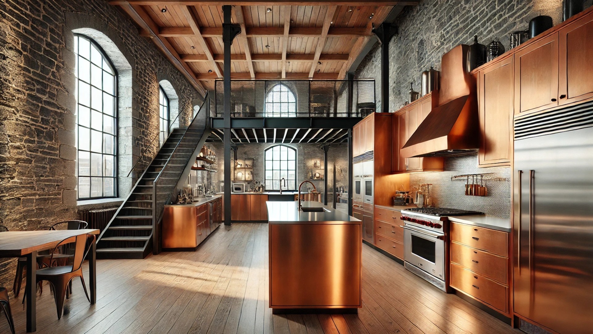 atmospheric loft kitchen illustration — complete with radiant copper cabinetry and a seamless blend of rustic charm and modern elegance