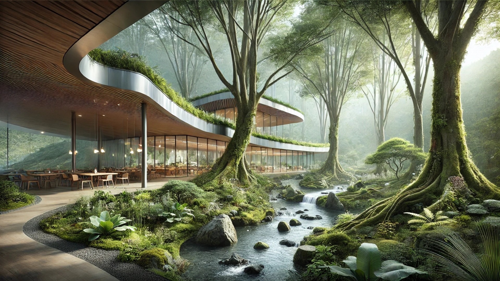 MIGIUI — the forest-embraced café glowing with soft light, curved glass, and nature’s embrace — embodies sustainable architecture with nature-inspired design features.