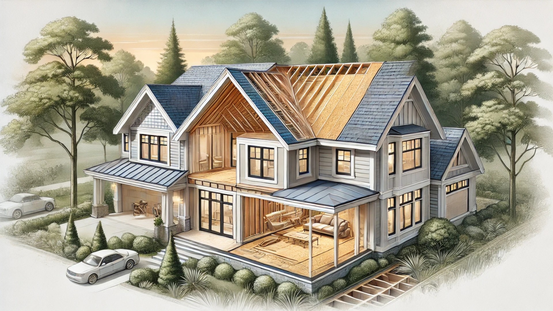 cross-section visual breakdown of roof decking vs. sheathing, tailored for an upscale, sustainable home setting