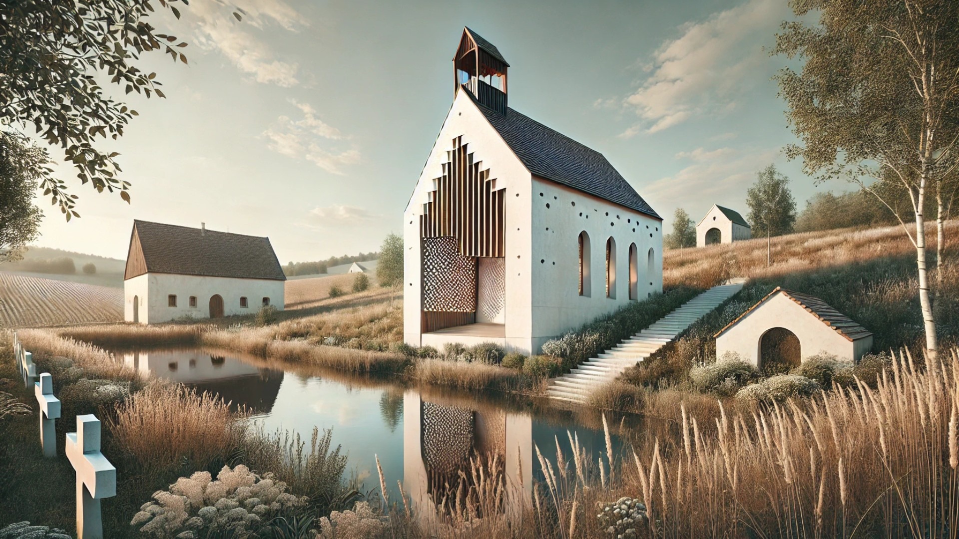reflective architectural illustration — inspired by the South Bohemian home designed by Jan Žaloudek Architekt