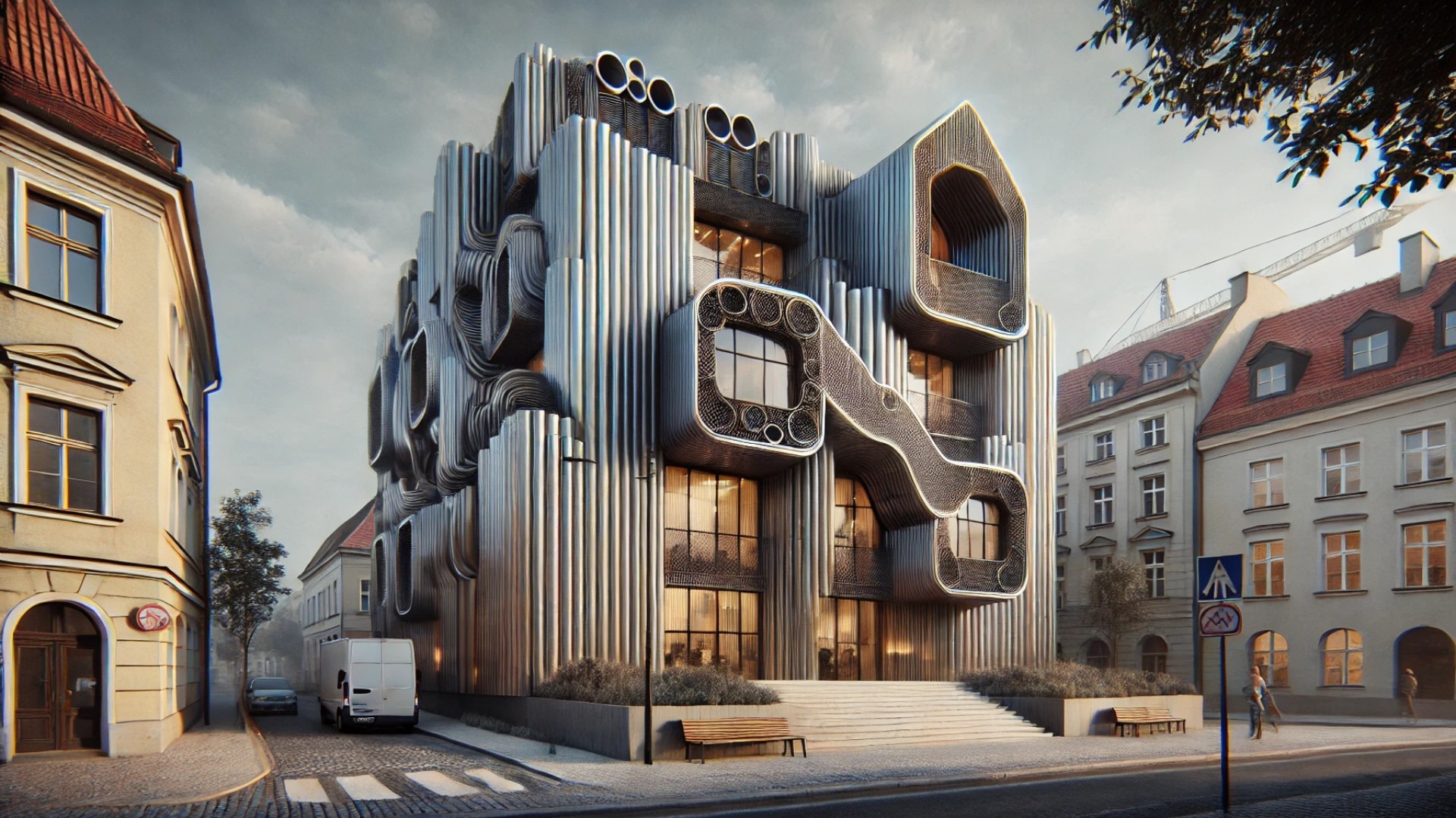 Gambit Office in Gliwice, Poland — designed with emphasis on stacked aluminum pipes and sustainable innovation