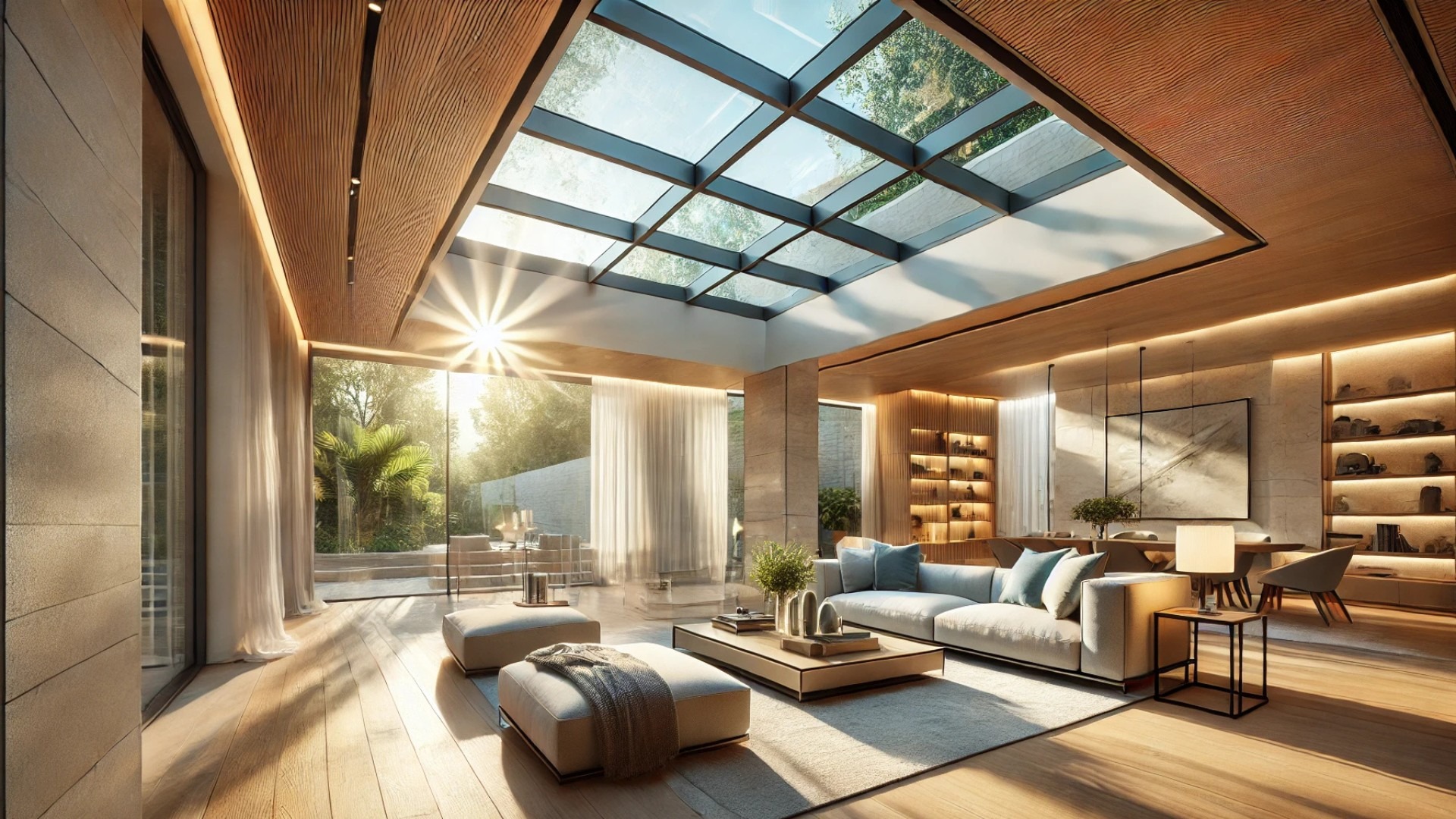 richly lit, luxurious interior with a skylight casting natural light into an elegant living space