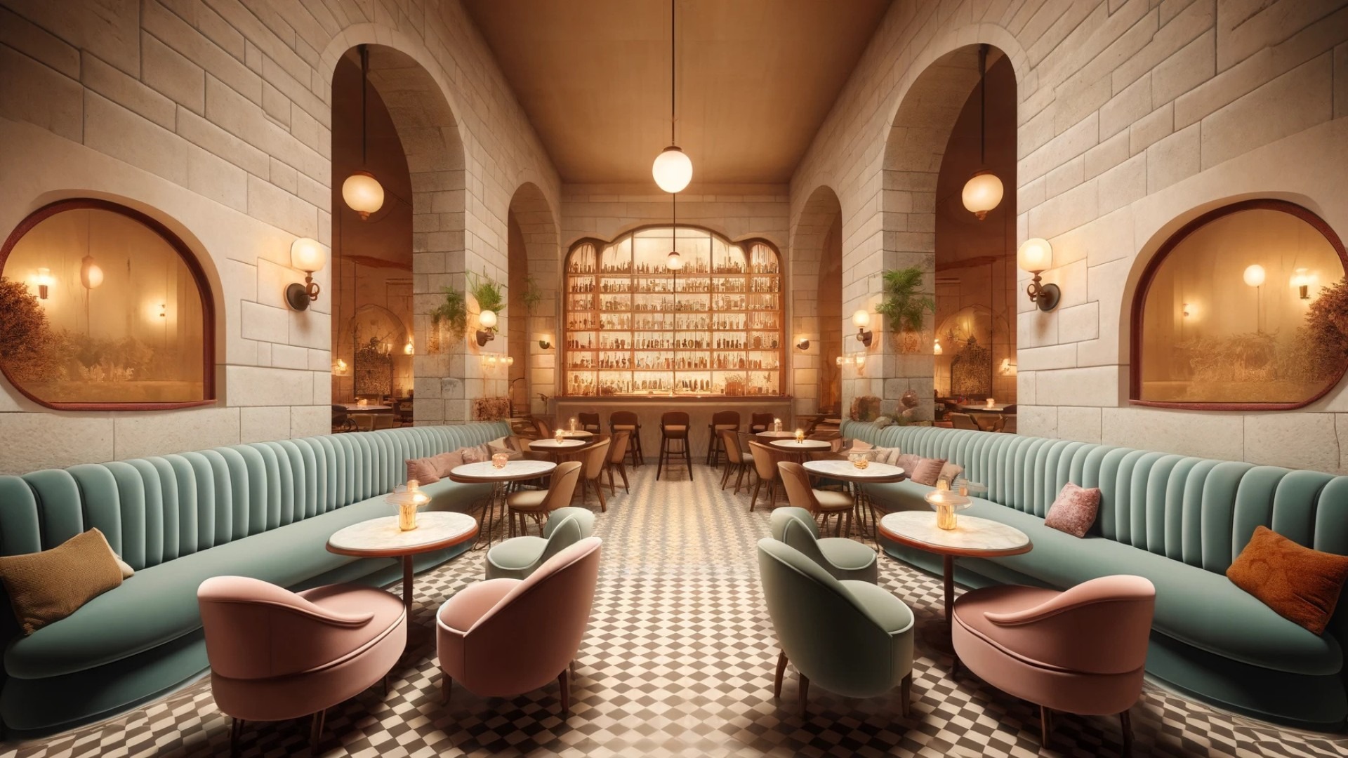 capturing the cozy, cinematic charm of the Father & Bun restaurant in Lebanon, blending mid-century Manhattan elegance with Wes Anderson's flair
