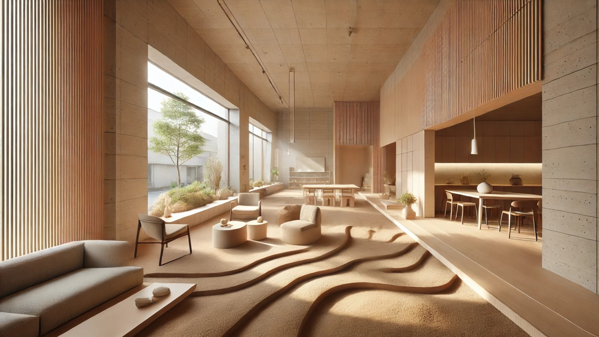 showcasing the serene interior of a small modern design office in Hadano City with a beautifully tactile earthen floor and communal seating area