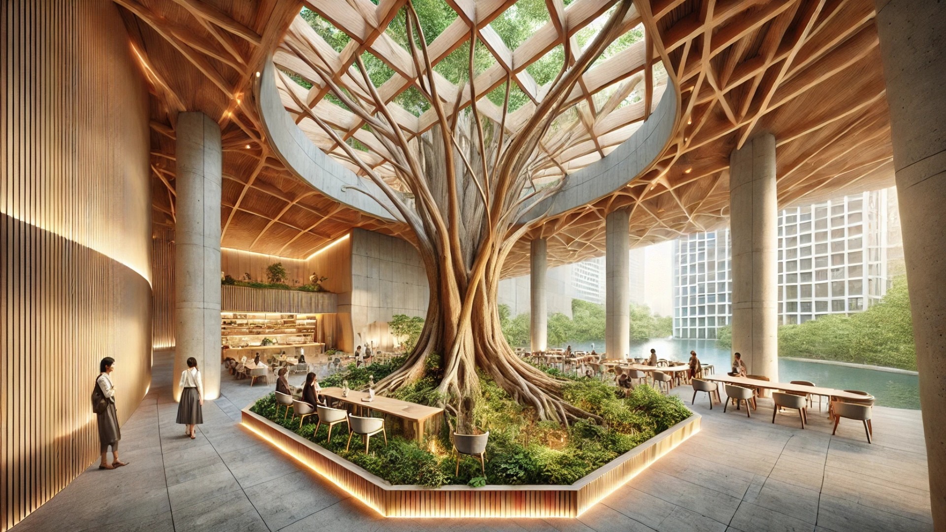 Contemporary café façade, blending the tranquil interior with a glimpse of the surrounding city