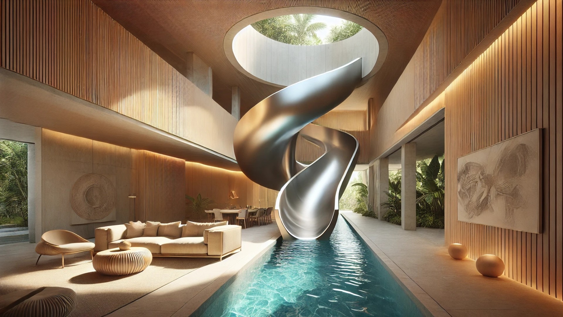 Modern architecture home with pool and slide, lush oasis setting.